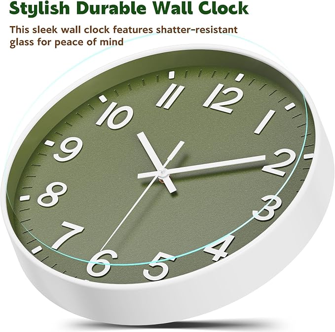 Silent Wall Clock Non-Ticking Battery Operated – Modern Olive Green Analog Wall Clock for Living Room, Kitchen, Office, Bedroom – Stylish Home Wall Decor Clock, 10 Inch