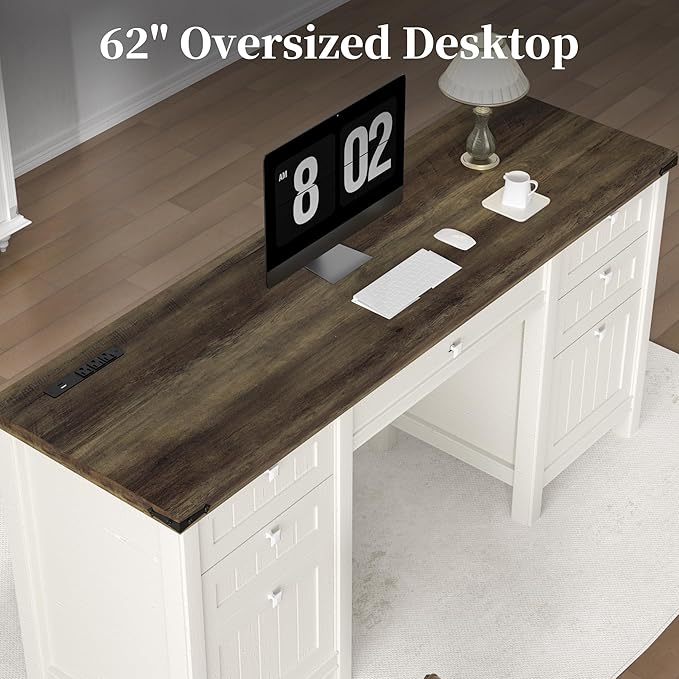 Executive Desk, Modern Farmhouse Computer Desk with Drawers & Cabinet, Home Office Desk for Work Study Writing Workspace (Antique White, 62")