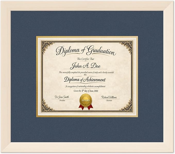 Diploma Frame Coastal Whitewash with Navy Blue Over Gold Double Mat - Fits 10 x 8 Professional License Wall Display Made in the USA