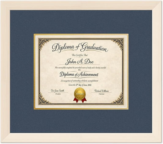 Diploma Frame Coastal Whitewash with Navy Blue Over Gold Double Mat - Fits 10 x 8 Professional License Wall Display Made in the USA
