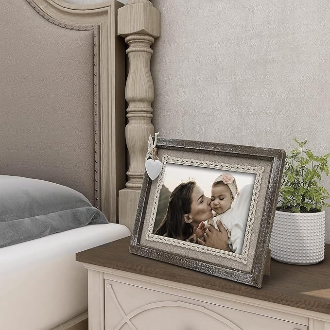 Afuly 5x7 Picture Frame with White Heart Wood Rustic Distressed Frames Farmhouse Photo Frames for Home Decor Wall Hang Desktop Wedding Anniversary Birthday Gifts for Grandma Mom Couple