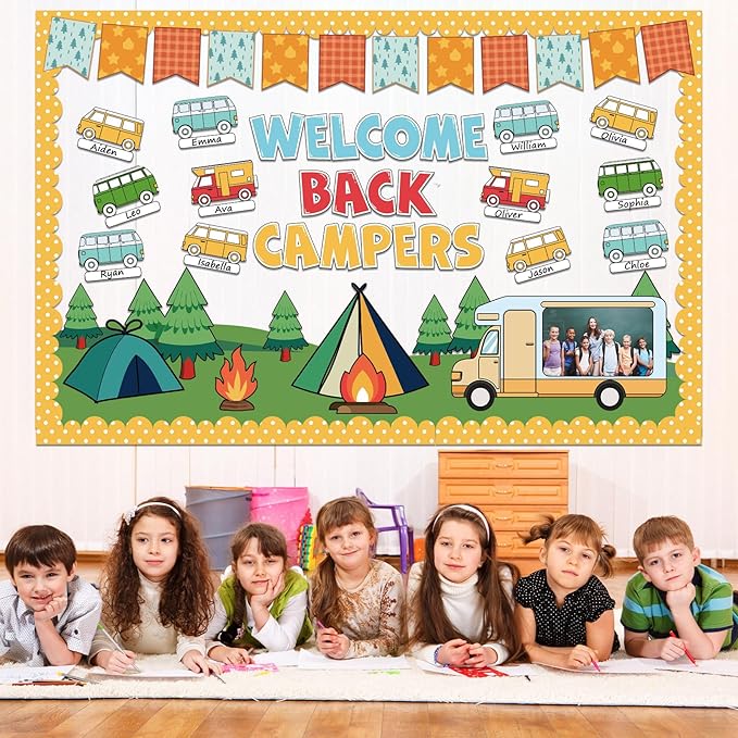 Summer Camping Bulletin Board Decorations Set Welcome Back Camper Classroom Decor Adventure Camp Themed Campfire Tent Paper Cutouts for Woodland Party Back to School Chalkboard Wall Supplies Favor