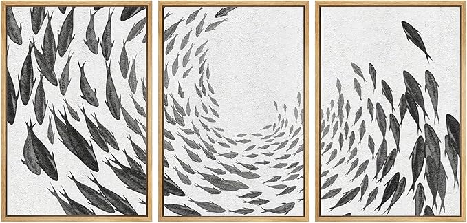 SIGNWIN Framed Canvas Print Wall Art Swirling School of Fish Abstract Shapes Illustrations Modern Art Minimalist Relax/Calm Black and White for Living Room, Bedroom, Office - 16"x24"x3 Natural