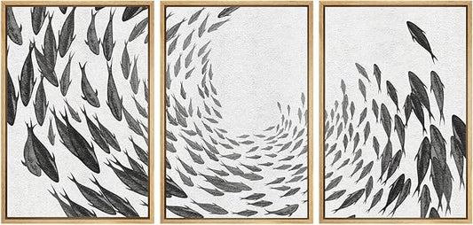 SIGNWIN Framed Canvas Print Wall Art Swirling School of Fish Abstract Shapes Illustrations Modern Art Minimalist Relax/Calm Black and White for Living Room, Bedroom, Office - 16"x24"x3 Natural