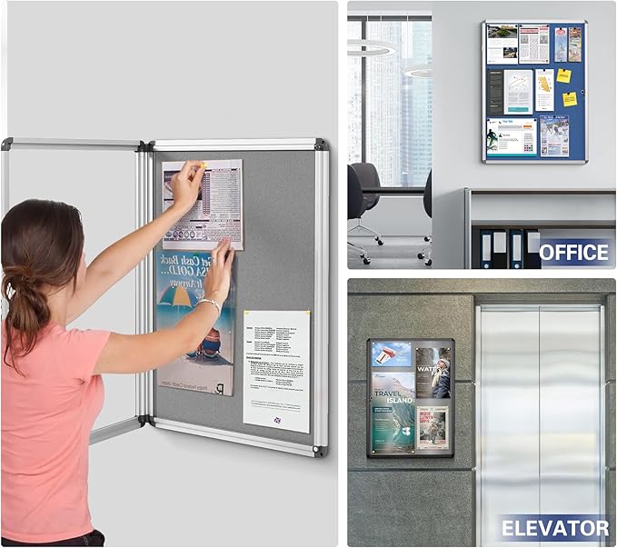 Swansea Blue Fabric Lockable Noticeboard Enclosed Pin Bulletin Board Glass Display Case for Wall Office School 6xA4