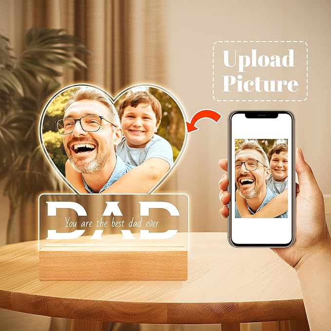 Personalized Gifts for Dad from Daughter Son, Personalized Picture Frame with Photo, Custom Photo Frame with Night Light, Customized Dad Birthday Gifts