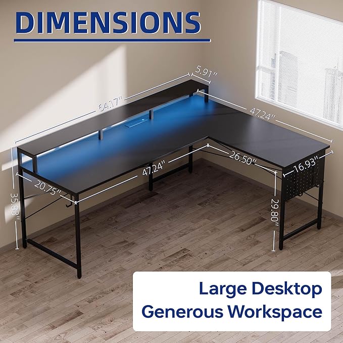 Pamray 64 Inch L Shaped Gaming Desk with Power Outlets and Led Lights, Large Corner Computer Desk with Monitor Stand and Pegboard, PC Table for Home Office and Bedroom Grey