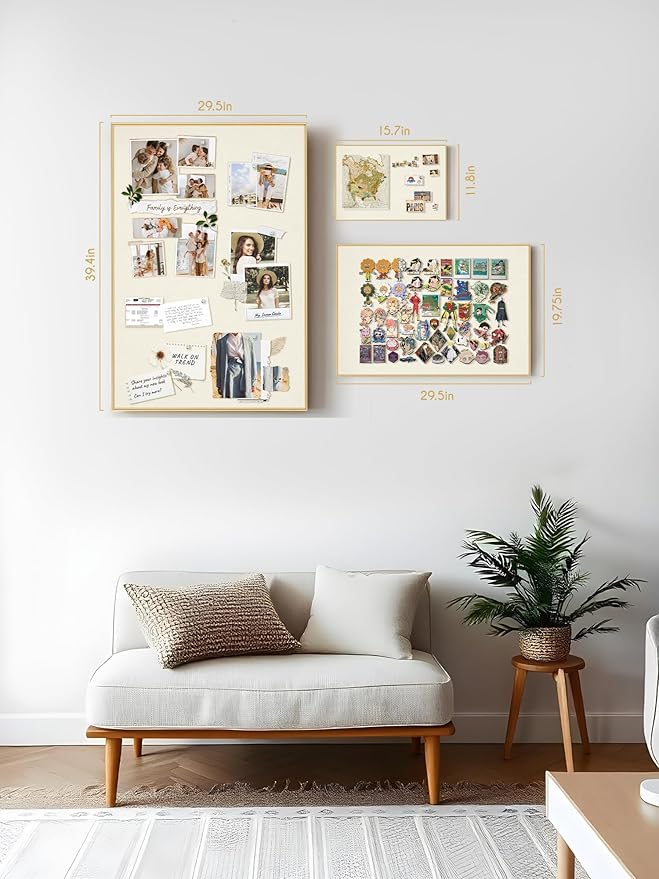 Bulletin Board 40 x 30 inches, Oatmeal White Pin Board, Golden Aluminum Framed Fabric Cork Board with 10 Push Pins