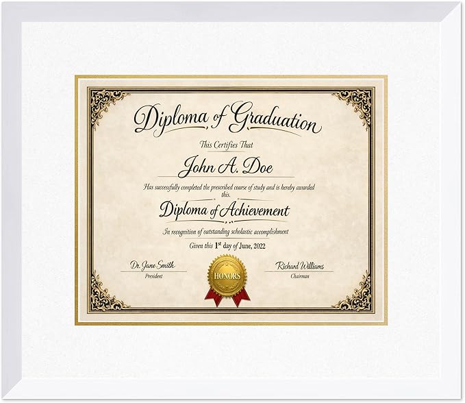 Diploma Frame Bright White with Oyster Shell Over Gold Double Mat - Fits 15 x 12 Military/Government Wall Display Made in the USA