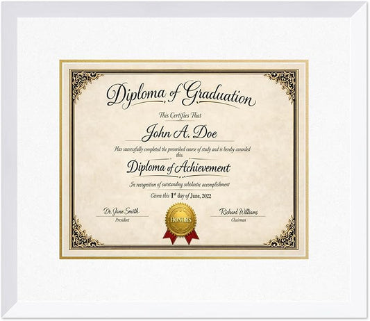 Diploma Frame Bright White with Oyster Shell Over Gold Double Mat - Fits 15 x 12 Military/Government Wall Display Made in the USA