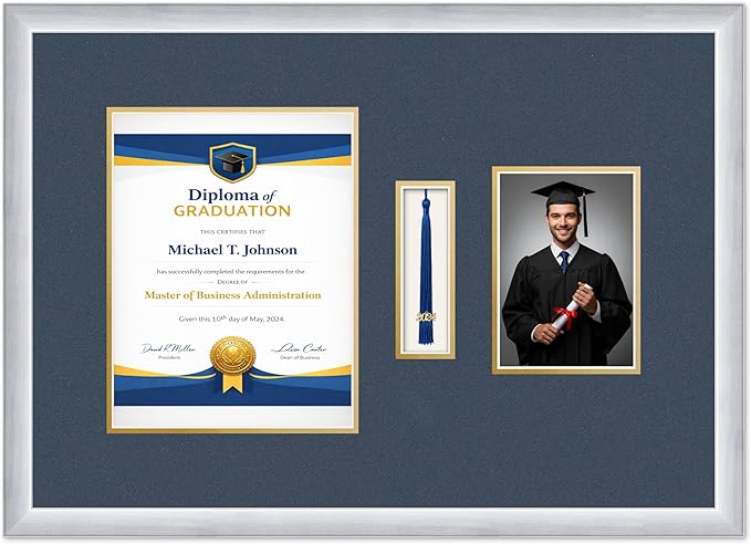 Diploma Tassel and Photo Frame Stainless Silver Shadowbox Navy Blue Over Gold Mat - Fits 8.5 x 11 Degree Picture Made in the USA