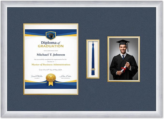 Diploma Tassel and Photo Frame Stainless Silver Shadowbox Navy Blue Over Gold Mat - Fits 8.5 x 11 Degree Picture Made in the USA