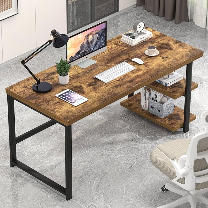 EXCEFUR Modern Computer Desk, Home Office Desk with Storage Shelf, Wood Study Writing Table Workstation for Bedroom Living Room, Rustic Brown, 53 Inch