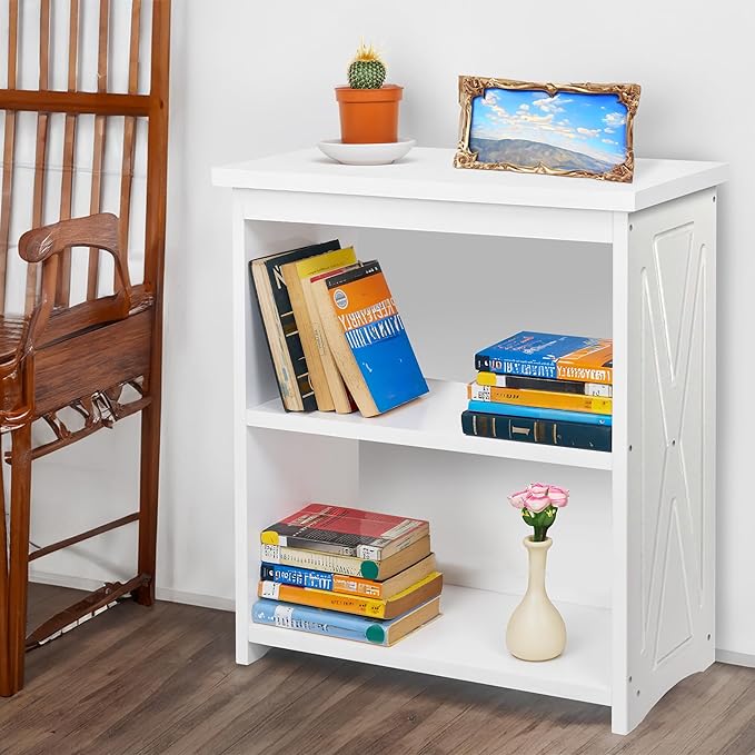 Natural Wood Bookshelf, 3 Tier Bookcase, Freestanding Display Storage Shelves Open Bookshelf for Bedroom, Living Room and Office (White, Table with Back)