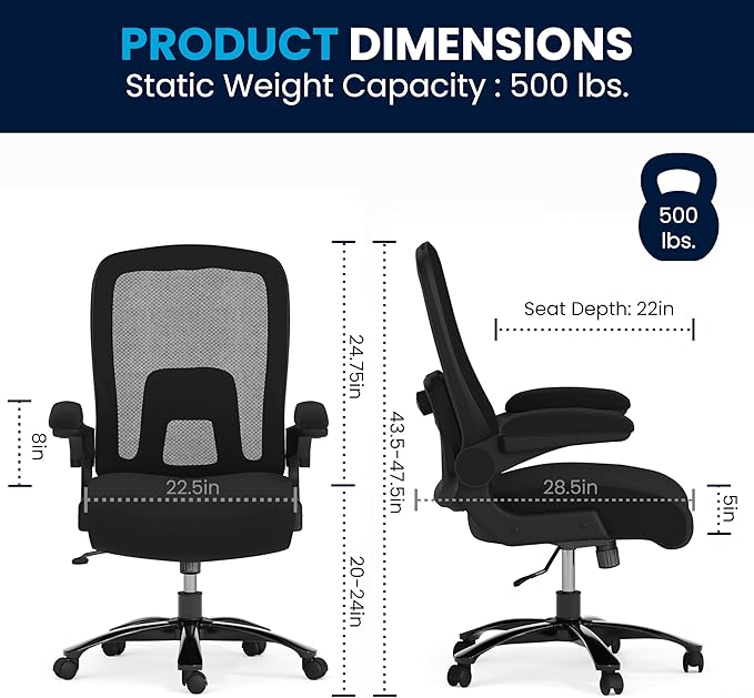 Flash Furniture Big & Tall Swivel Office and Gaming Chair with Lumbar and Back Support, Ergonomic Mesh Office Chair with Flip-Up Armrests and Adjustable Height, Black