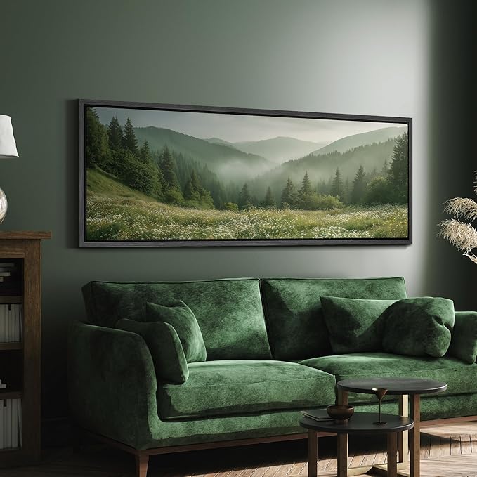 SIGNFORD Large Framed Canvas Print Wall Art Misty Green Valley Meadow Landscape Illustrations Modern Art Calm Warm for Living Room, Bedroom, Office - 60"x20"