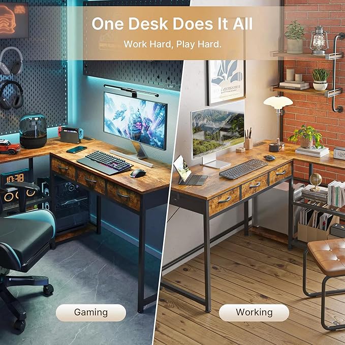 Gizoon Corner Computer Desk, 53 Inch L Shaped Office Desk with Power Outlets, Drawers, Reversible Storage Shelves, CPU Stand and Hooks for Living Room, Home Office, Study, Gaming(Rustic Brown)