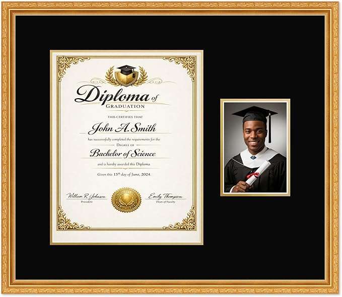 CountryArtHouse Fits 11 x 14 College Diploma (Portrait) and 5 x 7 Photo Diploma and Photo Frame Museum Gold Genuine Hardwood with Black Over Metallic Gold Double mat