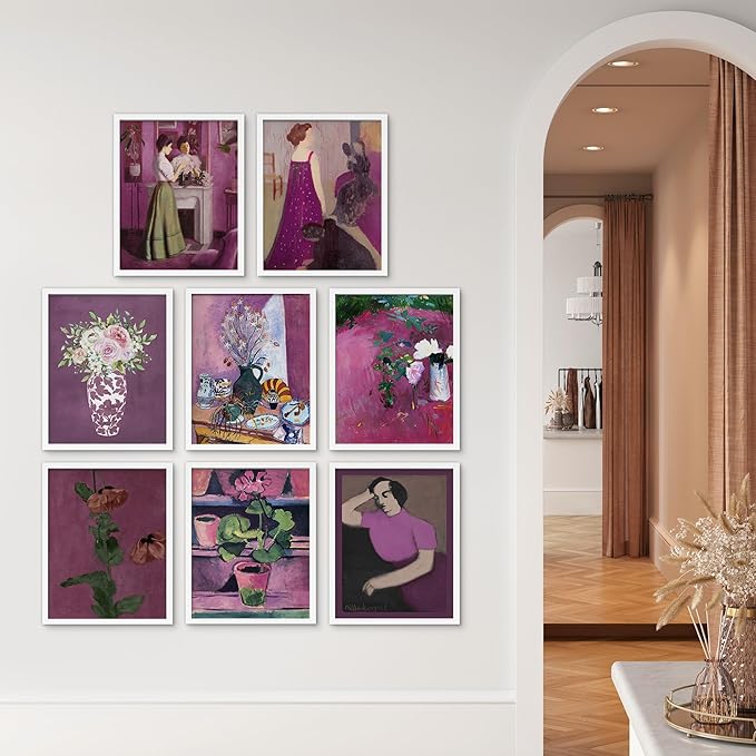 SIGNWIN Framed Poster Bathroom Decor, Wall Art Room Decor Multicolor for Living Room, Bedroom, Office Pink & Purple Female Portrait & Flowers Vintage Illustrations Bohemian - 12"x16"x 8 White