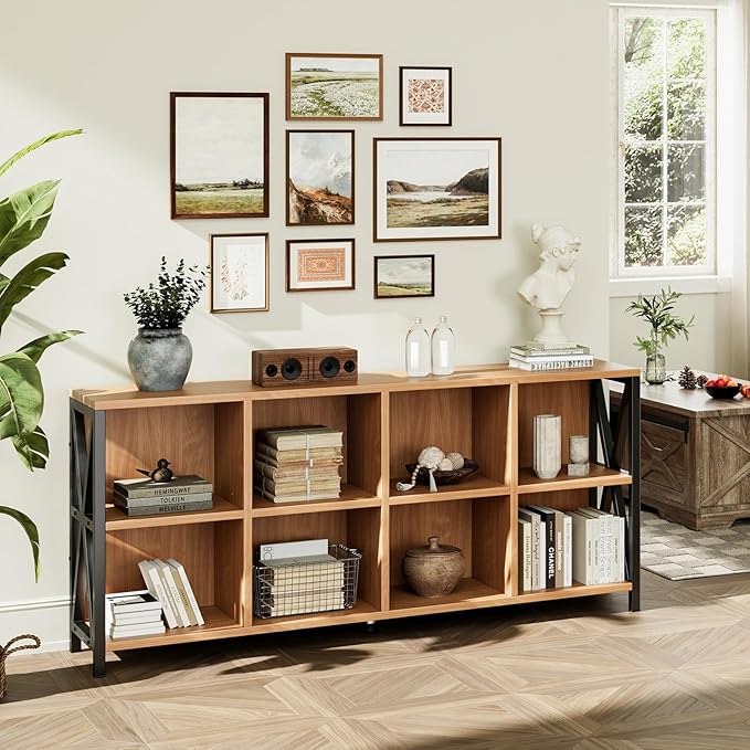 63" 8 Cube Horizontal Bookshelf Long Bookshelf Wood Cube Storage Organizer Rustic Wood Cubby Bookcase for Living Room Walnut