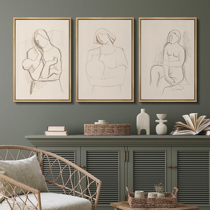 SIGNFORD Framed Wall Art Print Set Minimalist Figurative Line Drawing Modern Abstract Digital Art Modern Art Contemporary for Living Room, Bedroom, Office - 24"x36"x3 NATURAL
