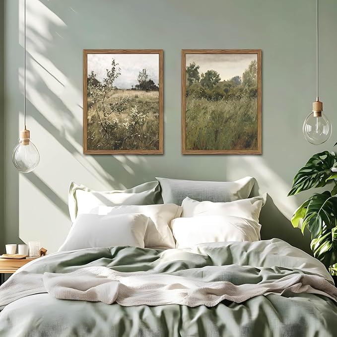Vintage Landscape Wall Art Set of 2, Green Natural Wilderness Farmhouse Canvas Wall Decor Paintings, Retro Country Wildflower Oil Pictures Posters Prints for Living Room Bedroom 16x24 Inch Wood Framed
