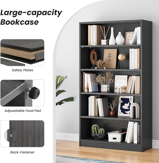 Bookcase Adjustable Storage Shelves,5-Tier Modern Wood Bookcase for Bedroom,60-Inch Bookshelf, Office, Living Room & Library(Grey)