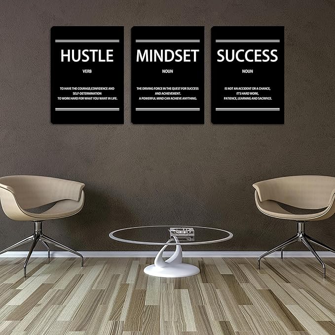 Hustle Mindset Success Wall Art, 12 x 16 Inch Motivational Canvas Wall Art for Living Room, Inspirational Quotes Painting Poster for Bedroom Classroom Meeting Room Office, Ready to Hang - 3pieces