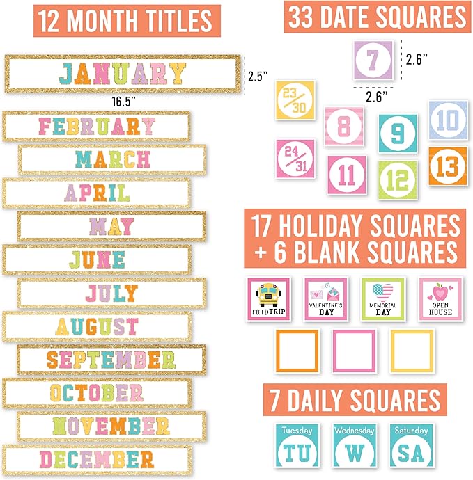 Hadley Designs Classroom Calendar Set Bulletin Board Decorations - Colorful School Calendar for Classroom Decor, Kindergarten Preschool Elementary Teacher Must Haves, Homeschool & Daycare Essentials