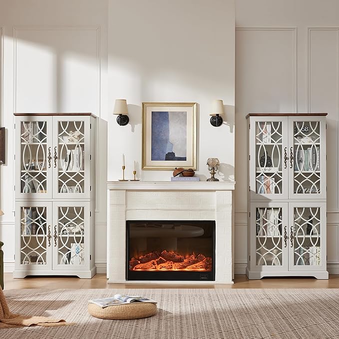 67" Tall Bookshelf, Vintage Book Shelf with Glass Doors, 5-Tier Wood Bookcase with Adjustable Storage Shelves, Freestanding Rustic Curio Display Cabinet for Living Room, Office, White，2PCS