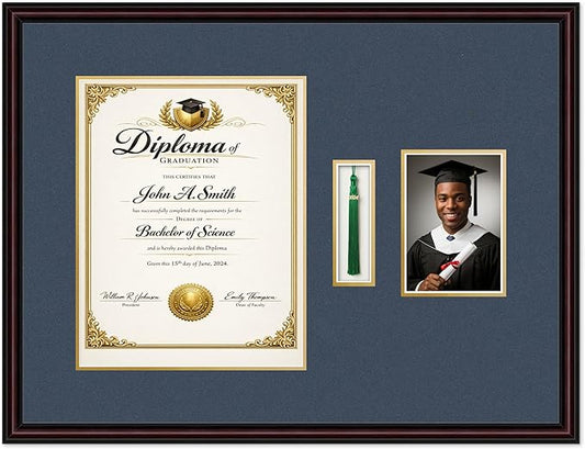 Diploma Tassel and Photo Shadowbox Fits 11 x 14 College Diploma (Portrait) with Tas Executive Brown Genuine Hardwood with Navy Blue Over Metallic Gold Double mat