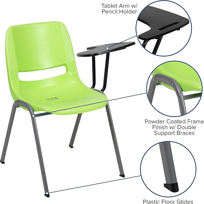 Flash Furniture Green Ergonomic Shell Chair with Left Handed Flip-Up Tablet Arm