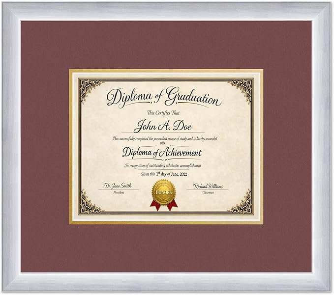 Diploma Frame Stainless Silver with Dark Red Over Gold Double Mat - Fits 10 x 8 Professional License Wall Display Made in the USA