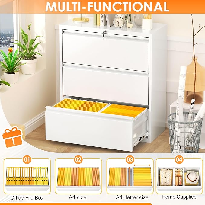 INTERGREAT 3 Drawer Lateral File Cabinet with Lock, 28" W Lateral Filing Cabinet for Legal/Letter A4 Size, Locking File Cabinets for Home Office, Assembly Require, White