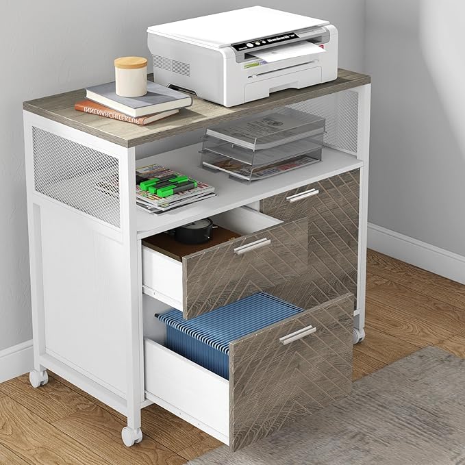 Tribesigns Modern File Cabinet with Drawers for Letter-Sized File and Door, Lockable lateral Filing Cabinet Printer Stand with Storage Shelves and with Rolling Caster for Home Office (Oak)