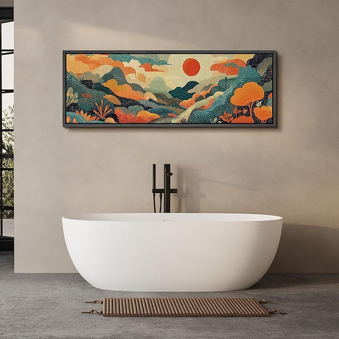 SIGNFORD Large Framed Canvas Whimsical Sunlit Hills Illustrations Modern Art Calm Warm for Living Room, Bedroom, Office - 60"x20"