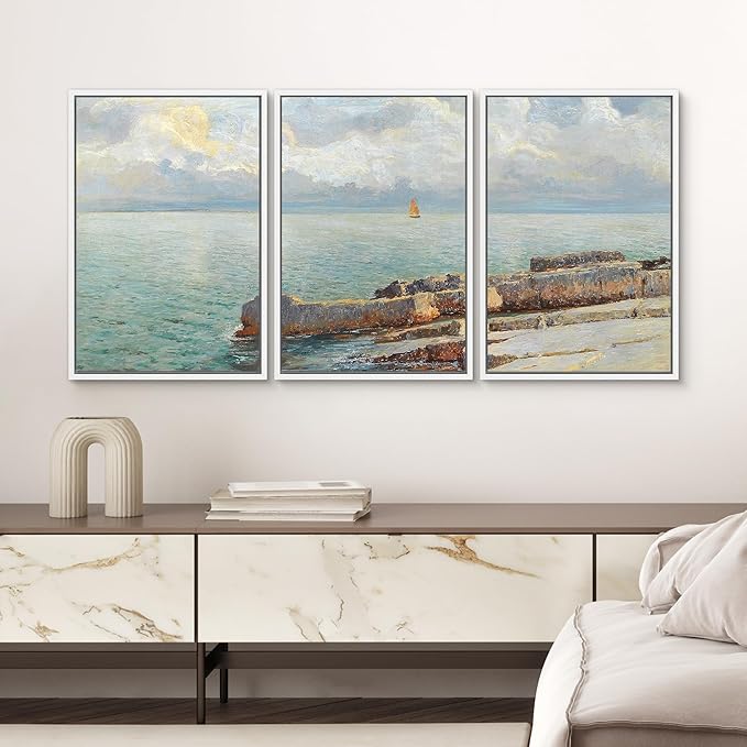 SIGNWIN Framed Canvas Print Wall Art Set Coastal Seascape Classic Ocean View with Sailboat and Rocky Shoreline Illustrations Modern Art Decorative for Living Room, Bedroom, Office - 16"x24"x3 White