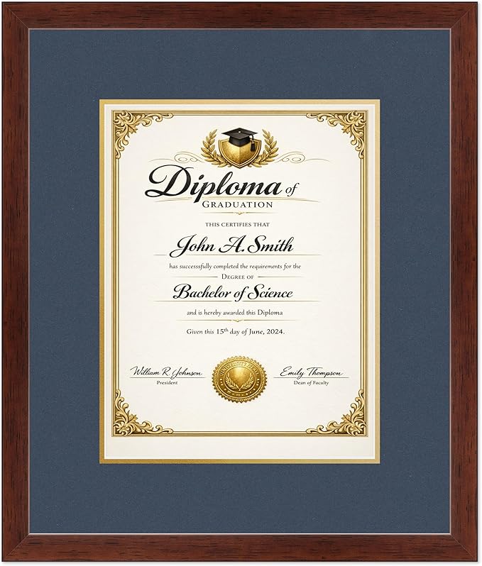 CountryArtHouse Diploma Frame Fits 10 x 13 College Diploma (Portrait Traditional) - Keepsake Graduation Rustic Walnut Genuine Hardwood with Navy Blue Over Metallic Gold Double mat