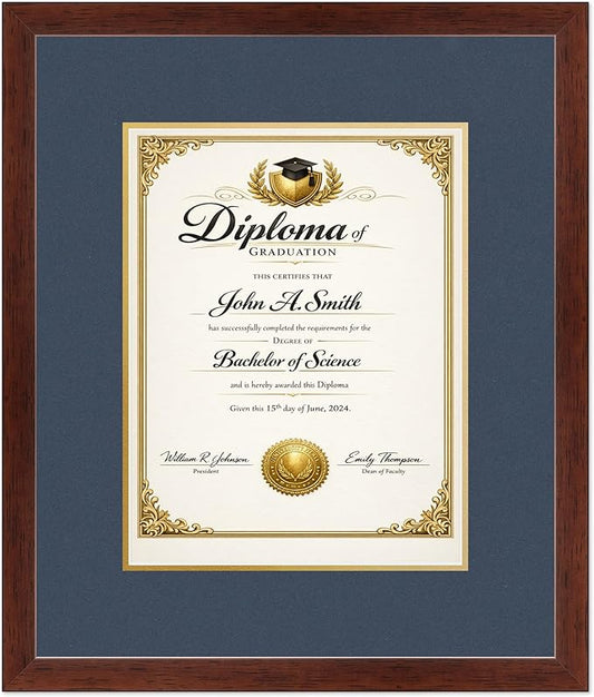 CountryArtHouse Diploma Frame Fits 10 x 13 College Diploma (Portrait Traditional) - Keepsake Graduation Rustic Walnut Genuine Hardwood with Navy Blue Over Metallic Gold Double mat