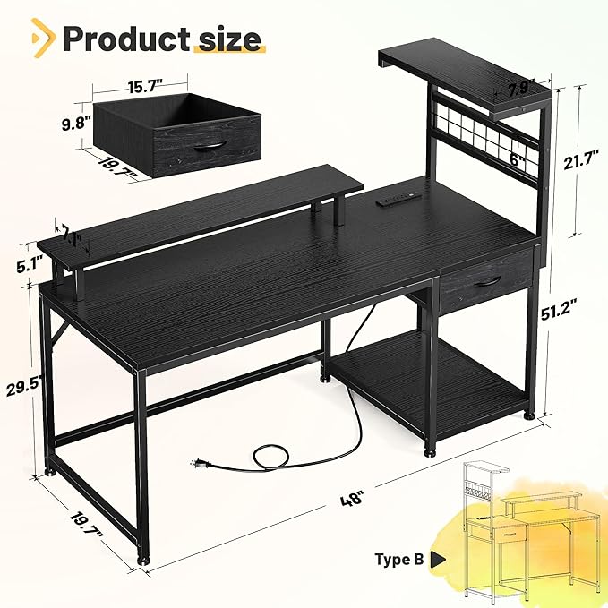 EnHomee 48" Gaming Desk with LED Lights & Power Outlets, Home Office Desk with Monitor Stand, Computer Desk with Drawer & Storage Shelves for Living Room, Study Room, Gaming Room, Black