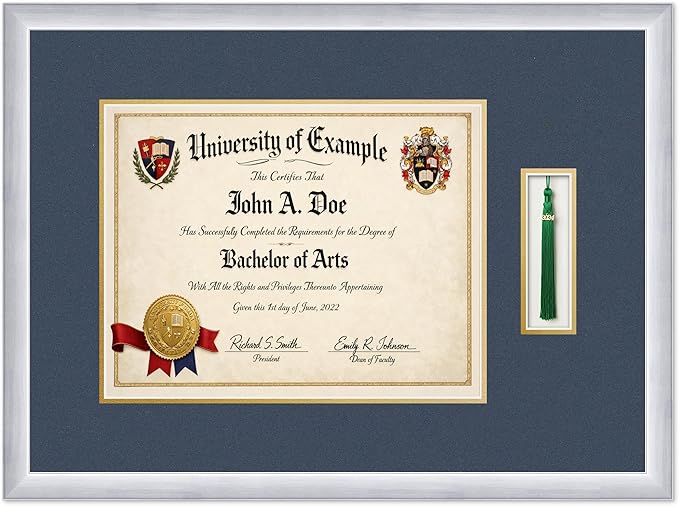 CountryArtHouse Diploma and Tassel Frame Fits 14 x 11 College Diploma (Modern) with Tas Stainless Silver Genuine Hardwood Shadowbox with Navy Blue Over Metallic Gold Double mat