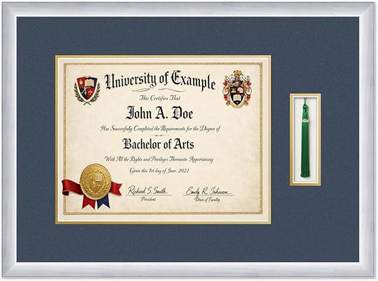 CountryArtHouse Diploma and Tassel Frame Fits 14 x 11 College Diploma (Modern) with Tas Stainless Silver Genuine Hardwood Shadowbox with Navy Blue Over Metallic Gold Double mat