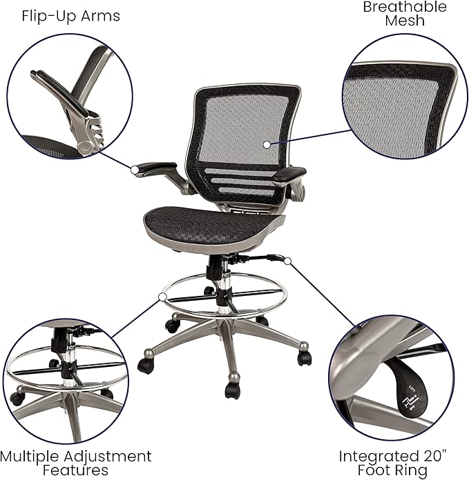 Flash Furniture Waylon Mid-Back Swivel Office Chair with Adjustable Foot Ring and Seat Height, Ergonomic Mesh Chair with Armrests, Black/Silver
