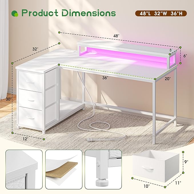 EnHomee L Shaped Gaming Desk with Drawers & Power Outlet, Small Computer Desk with LED Lights, Reversible White Office Desk with Monitor Stand for Gaming,Study Room,Home Office,Bedroom,White