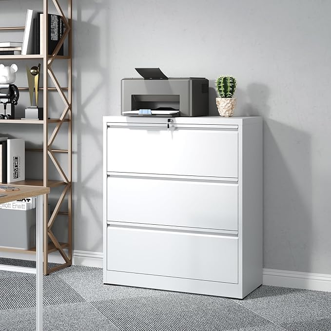 3 Drawer File Cabinet,Metal Lateral Filing Cabinet with Lock,Home Office Storage Organizer Cabinet for Legal/Letter/A4/F4 Size Files,35.5" W,White