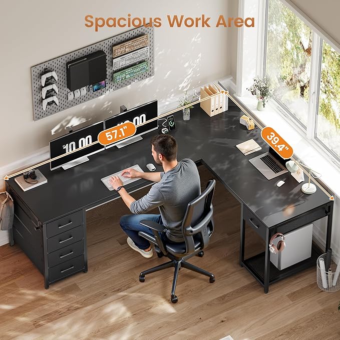 57" L Shaped Desk with 5 Drawers, Reversible Computer Corner Desk with Storage & Power Strip for Home Office, 78.7" Long 2 Person Desk, Black