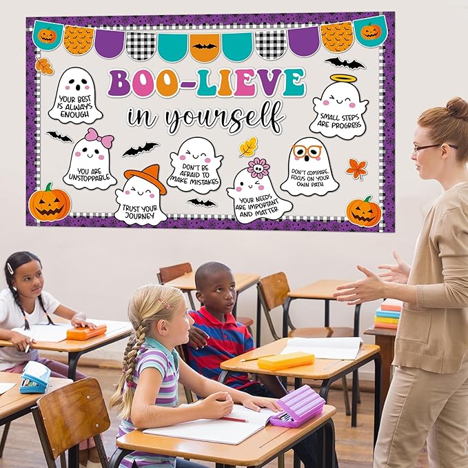 Halloween Bulletin Board Decorations Set Boo-Lieve in Yourself Classroom Decor Spooky Boo Ghost Pumpkin Paper Cutouts for Halloween Party October Office School Classroom Chalkboard Wall Supplies Favor