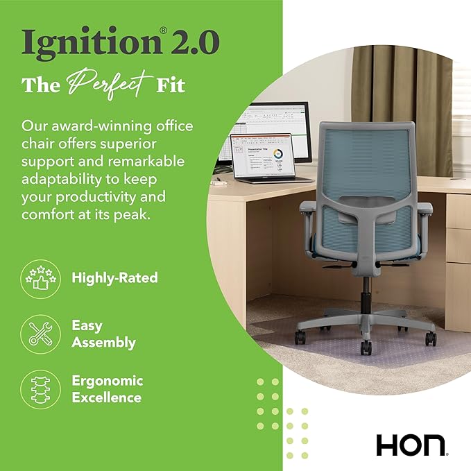 HON Ignition 2.0 Mid Back Task Chair, Spectrum Mesh, Standard Synchro-Tilt Control, Office Chair with Lumbar Support, Height and Width Adjustable Arms, Titanium Frame, Sky