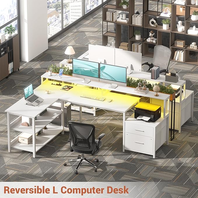 Aheaplus L Shaped Desk with File Drawer, 66" Reversible L Shaped Computer Desk with Power Outlet & LED Strip, Gaming Desk with Long Monitor Stand, Office Desk Corner Desk with Storage Shelf, White