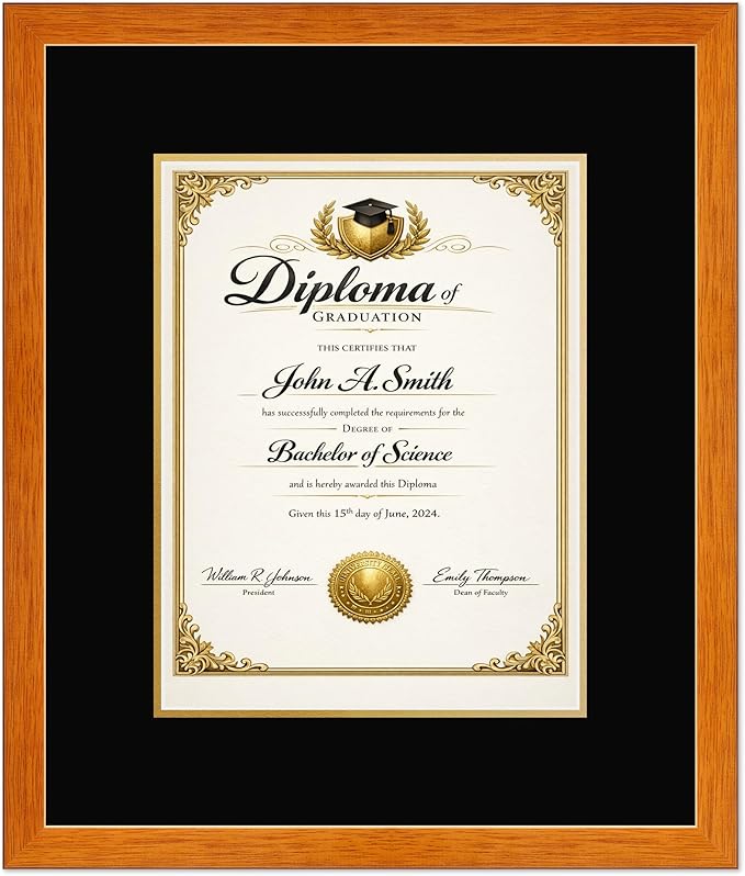 CountryArtHouse Diploma Frame Fits 10 x 13 College Diploma (Portrait Traditional) - Keepsake Graduation Display Honey Oak Genuine Hardwood with Black Over Metallic Gold Double mat
